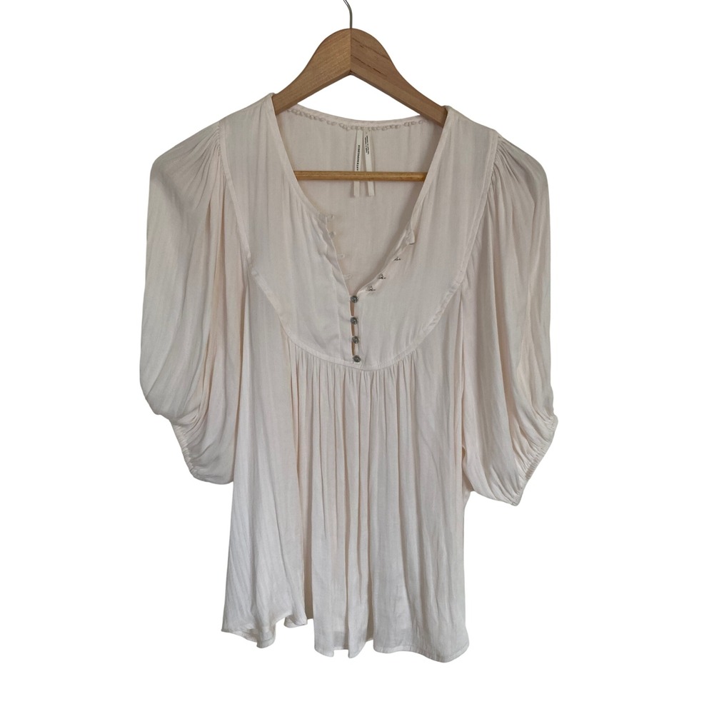 Anthropologie White Textured Puff Sleeve Babydoll Blouse Womens Size M